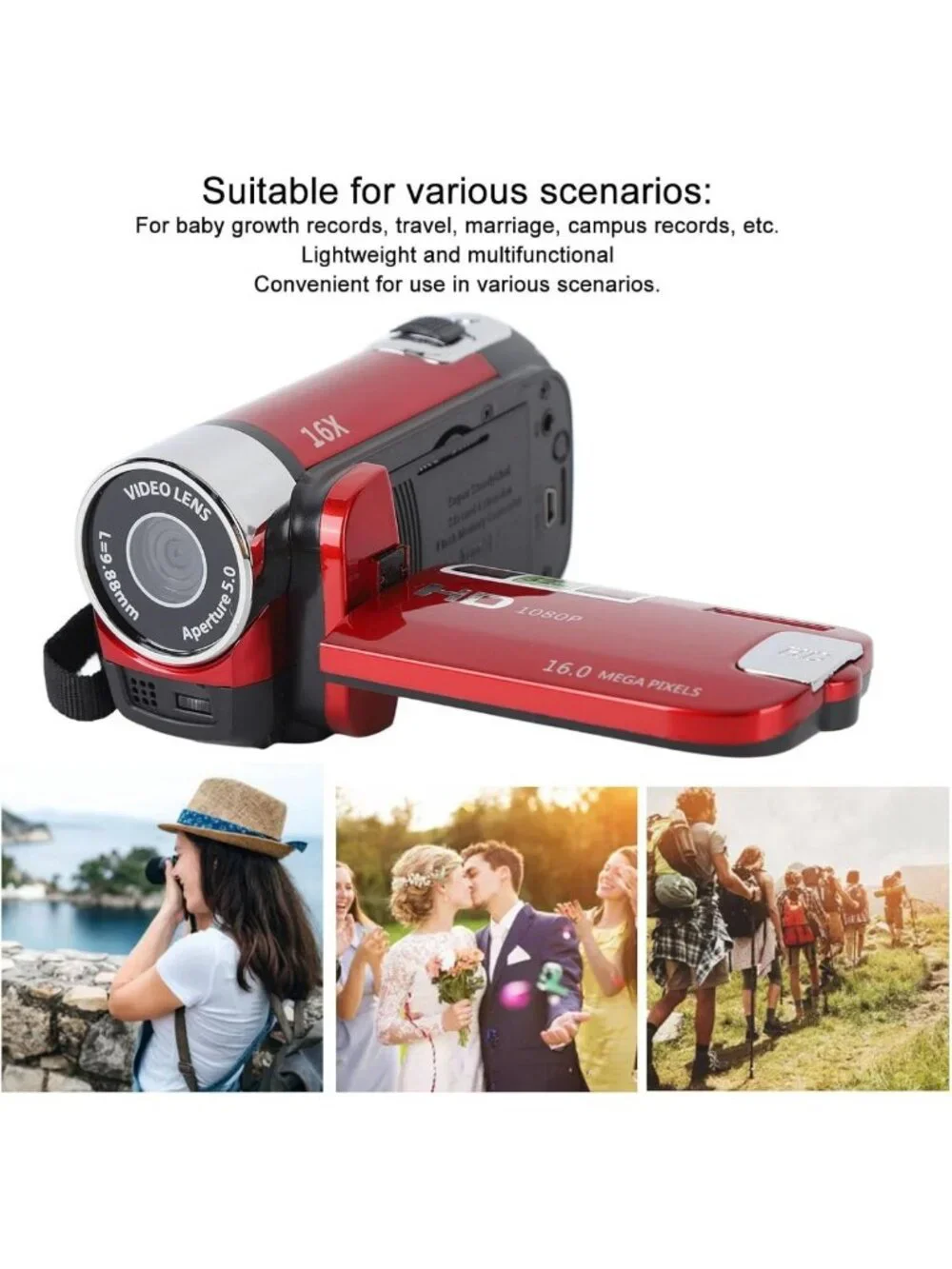 1080P Video Camera Camcorder, 16MP Vlogging Recorder, 16X Zoom, Rotatable Screen